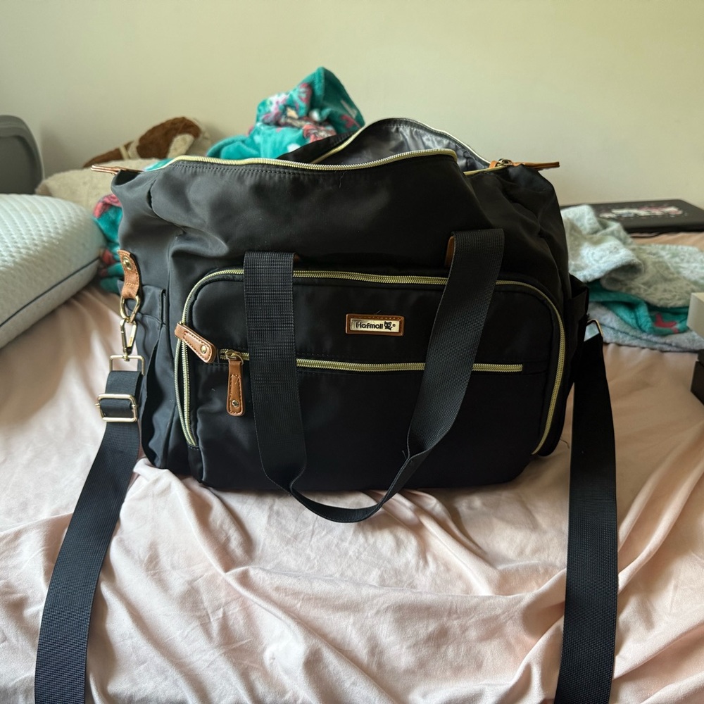 Black Baby Bag with Detachable Strap and Multiple Compartments